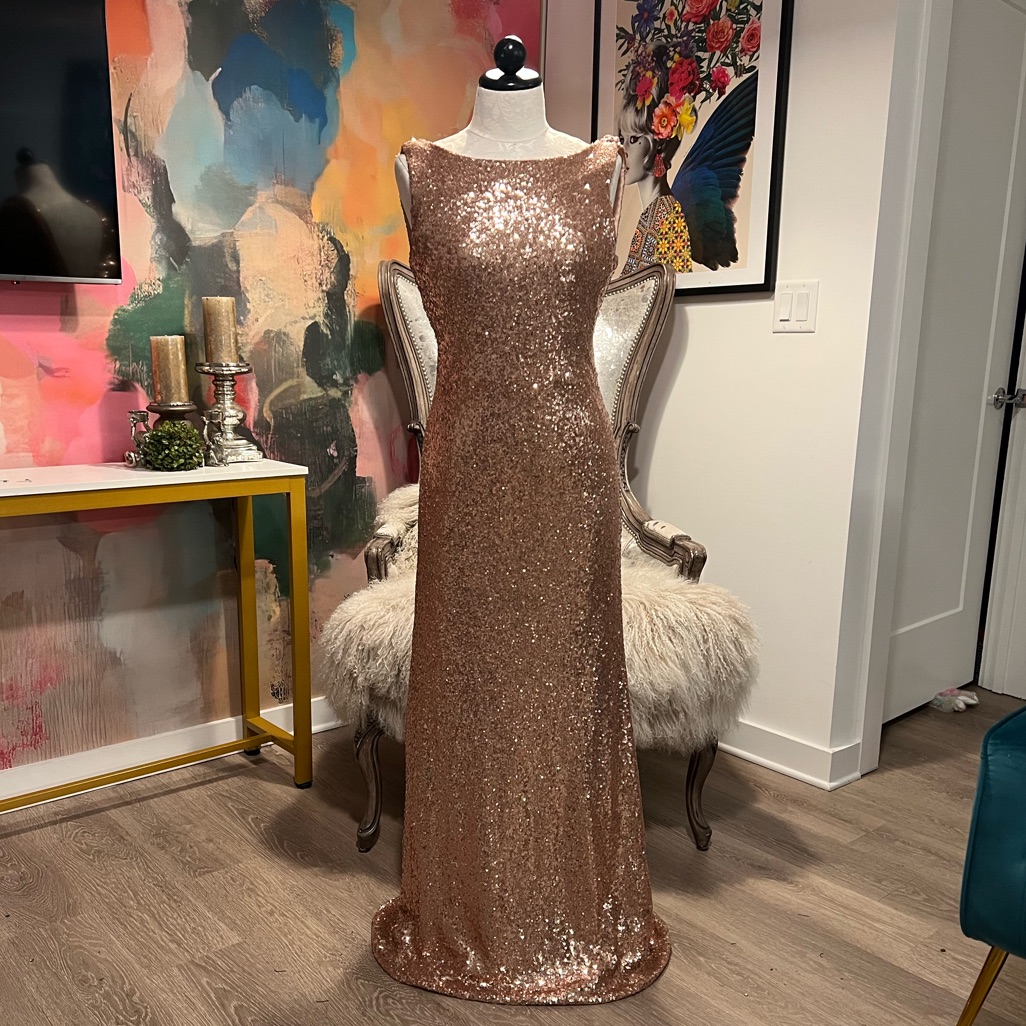 christina wu rose gold sequin dress Tea Length Sequin Dress by Cinderella Divine CH189S main image 1